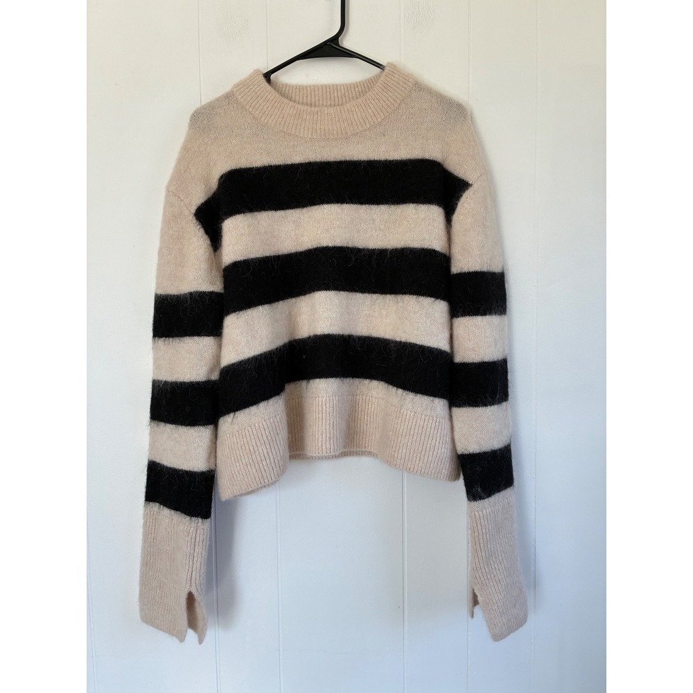 HM Womens Mohair Wool‎ Blend Striped Sweater Beige Black Split Cuff Large